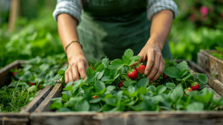 Woman Gardener in a green apron weeds strawberries in a wooden bed in summer garden.の素材
