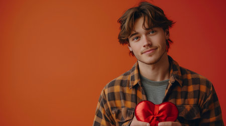 Young handsome guy holding a red heart-shaped box with a bow in his hand.の素材