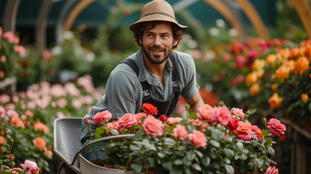 Young handsome man Gardener rolls roses in pots in a wheelbarrow.の素材