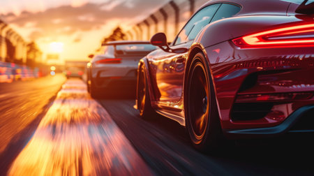 Two sports cars participate in a race.の素材