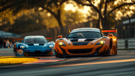 Two sports cars participate in a race.の素材