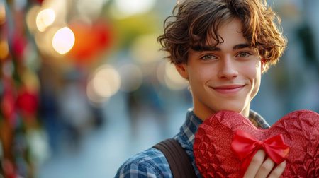 Young handsome guy holding a red heart-shaped box with a bow in his hand.の素材