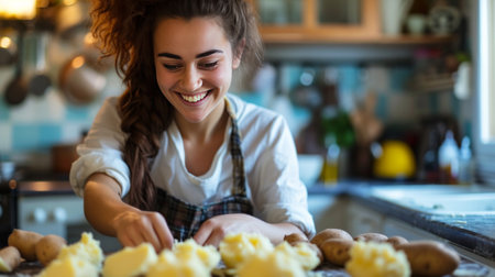 Young woman peeling potatoes in the kitchen while sitting on a stool and smiling.の素材