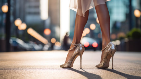 a woman's feet in strappy high heels, standing on a sidewalk.の素材