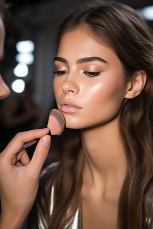 A close-up of a makeup artist's hands applying foundation to a model's face.の素材