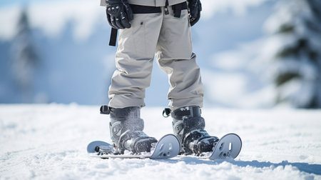 A close-up of a snowboarder's feet strapped into their board.の素材
