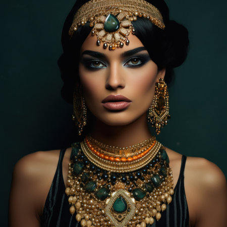 a woman's face with bold, dramatic makeup and a statement necklace.の素材