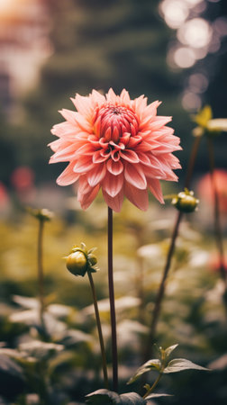 a blooming flower in a garden with a blurred background of other plants.の素材