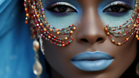 a woman's face with bold, dramatic makeup and a statement necklace.の素材