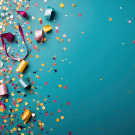 A colorful confetti-filled background with space for copy text.の素材