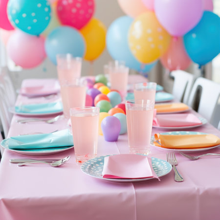 festive table setting with colorful plates, and balloons, ready for a fun and lively birthday party.の素材