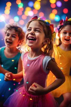 fun and playful photo of kids dancing and singing along to their favorite party tunes.の素材