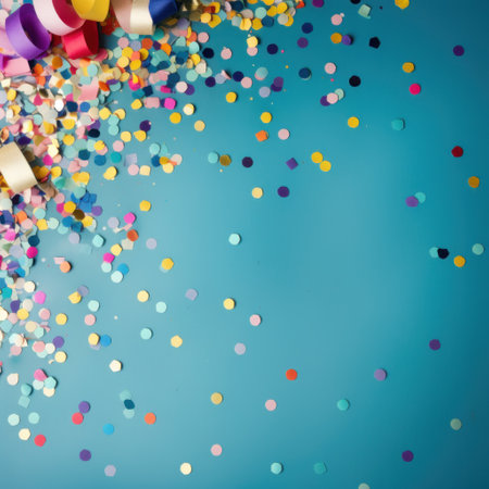 A colorful confetti-filled background with space for copy text.の素材
