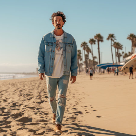 a man wearing a casual denim jacket, walking down a sunny beach with a surfboard under his arm.の素材