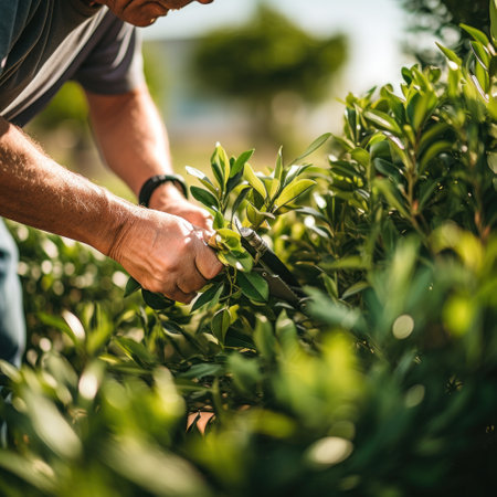 gardener pruning a bush with a pair of shears.の素材