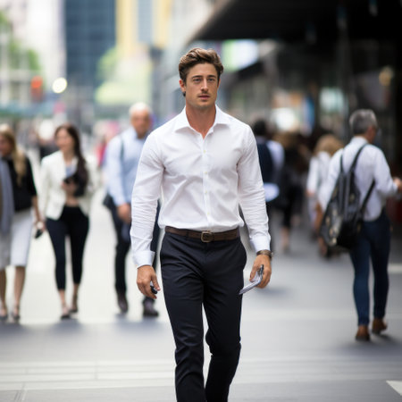 man wearing a crisp white shirt and tailored black pants, walking confidently down a busy street.の素材