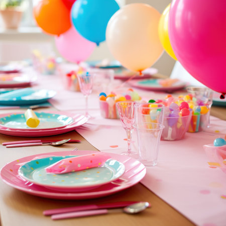 festive table setting with colorful plates, and balloons, ready for a fun and lively birthday party.の素材