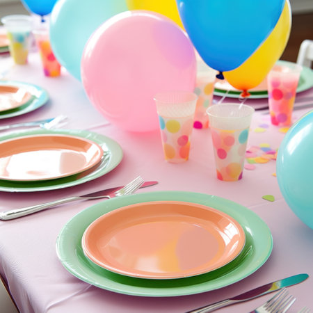 festive table setting with colorful plates, and balloons, ready for a fun and lively birthday party.の素材