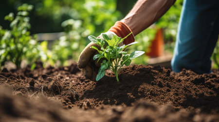 gardener using a trowel to plant a seedling in a pot with a vibrant, green background.の素材