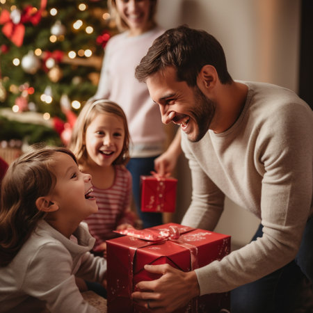 little boy opening pile of presents and smiling with excitement while his family looks on in delight.の素材