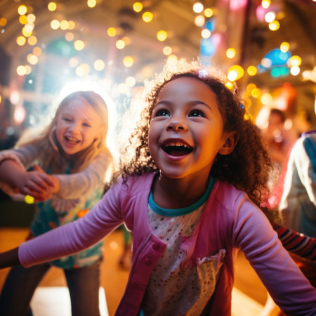 fun and playful photo of kids dancing and singing along to their favorite party tunes.の素材