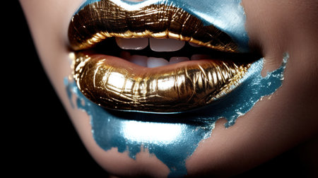 A playful image of a woman's lips coated in metallic lipstick.の素材