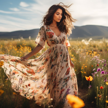 a woman wearing a flowing maxi dress, standing in a field of wildflowers.の素材