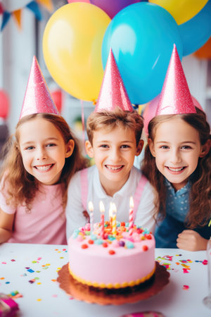 A group of smiling children wearing party hats and holding colorful balloons, with a birthday cake.の素材