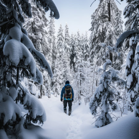 A snowboarder navigating through a forest of snow-covered trees.の素材