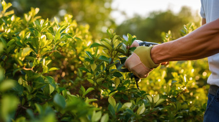 gardener pruning a bush with a pair of shears.の素材