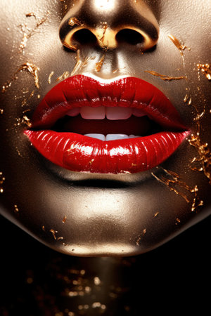 A playful image of a woman's lips coated in metallic lipstick.の素材