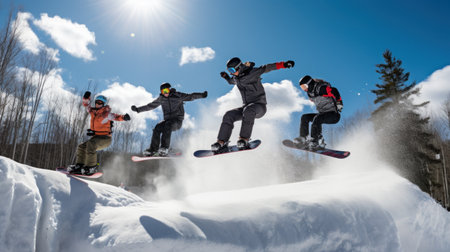 snowboarders catching air off a large jump, with snow spraying behind them.の素材