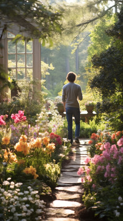 gardener admiring their garden, standing among blooming flowers and lush greenery.の素材