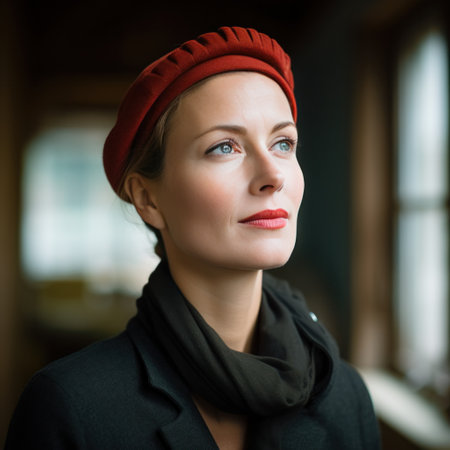 woman wearing a stylish beret, looking off into the distance with a thoughtful expression.の素材