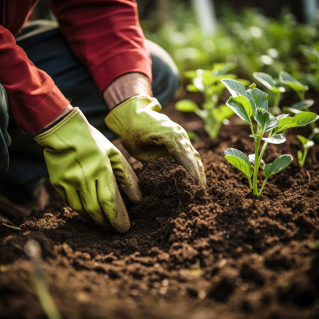 gardener using a trowel to plant a seedling in a pot with a vibrant, green background.の素材