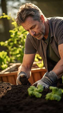 gardener kneeling in front of a raised garden bed, planting seeds.の素材