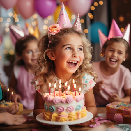 A young girl blowing out candles on a cake surrounded by her friends.の素材