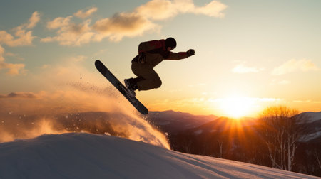 A snowboarder performing a backflip on a large jump, with the sun setting behind them.の素材