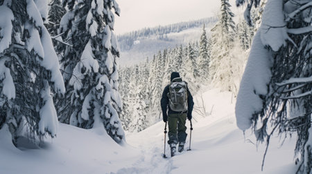 A snowboarder navigating through a forest of snow-covered trees.の素材