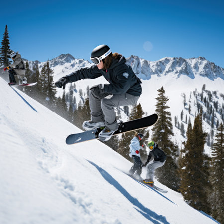 A snowboarder performing a stylish grab trick while riding down a mountain.の素材
