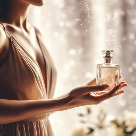 A sophisticated image of a woman's hand holding a perfume bottle.の素材