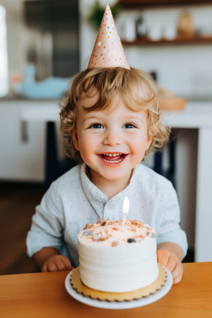 An adorable toddler wearing a party hat and holding a slice of cake.の素材