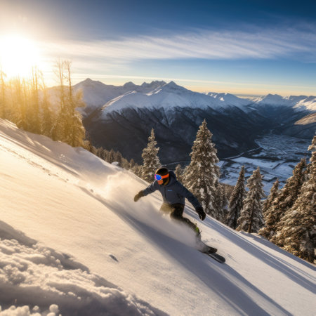 A snowboarder performing a stylish grab trick while riding down a mountain.の素材