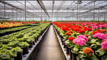 An image of a clean, modern greenhouse filled with rows of potted plants and flowers.の素材