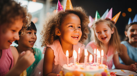 A young girl blowing out candles on a cake surrounded by her friends.の素材