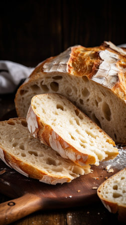 Breaking open a loaf of fresh bread reveals its tender crumb, speckled with air pockets.の素材