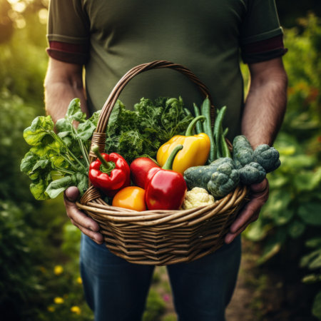 An image of a gardener holding a basket full of freshly picked vegetables from their garden.の素材