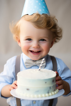 An adorable toddler wearing a party hat and holding a slice of cake.の素材