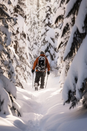 A snowboarder navigating through a forest of snow-covered trees.の素材