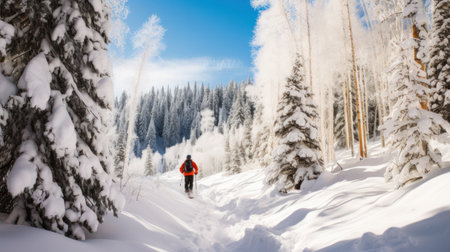 A snowboarder navigating through a forest of snow-covered trees.の素材